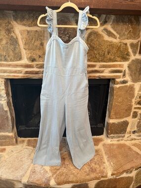 Baltic Born,Light Blue Ruffle-Strap Women's Denim Jumpsuit, Size Small